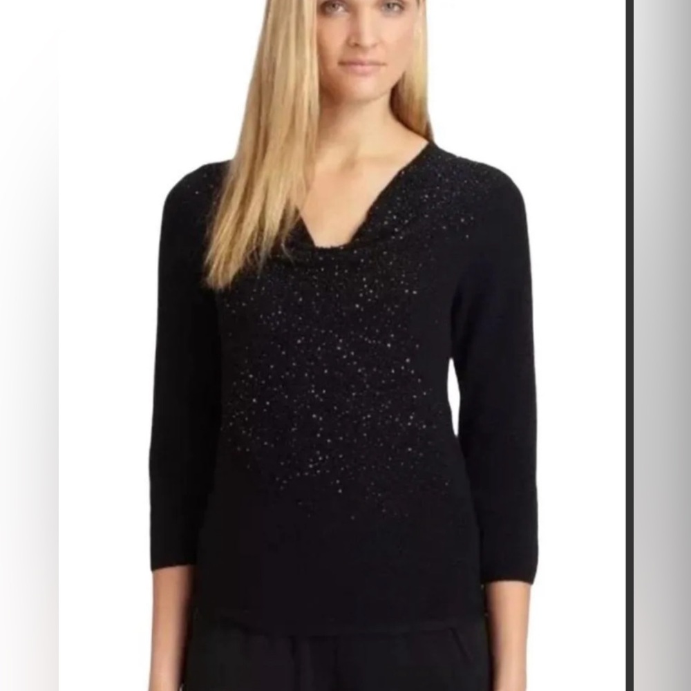 Eileen Fisher Merino Wool Glass Beads Crepe Drape Neck Sweater Black Size Small